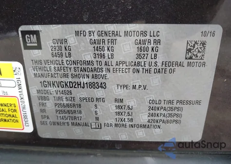 2017 Chevrolet Traverse 1Lt из США, поврежденный, VIN 1GNKVGKD2HJ188343